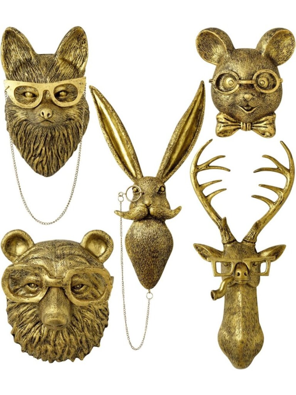 5 PCS Animal Head Wall Art Sculptures - 17" Gold Vintage 3D Decor for Whimsigoth